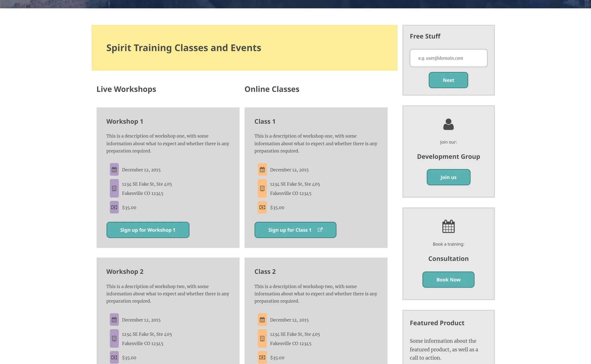 Jude Stark's Redesigned spirit training classes and events page