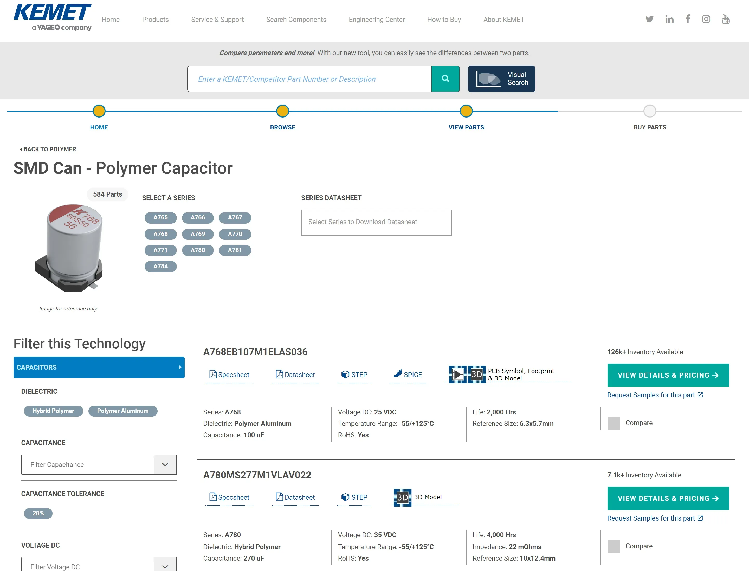Screenshot of the Component Edge search engine user interface