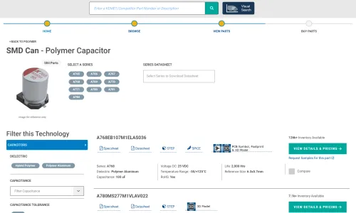 The Component Edge SMD Can Polymer Capacitor page: a Home–Browse–View Parts–Buy Parts progress bar, series chips A765–A784, and part A768EB107M1ELAS036 with specsheet, datasheet, STEP and SPICE links and a View Details & Pricing button