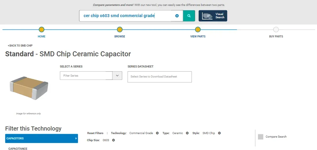 A search for "cer chip 0603 smd commercial grade" landing on the Standard SMD Chip Ceramic Capacitor page, with the query broken into removable filter tokens: Technology Commercial Grade, Type Ceramic, Style SMD Chip and Chip Size 0603