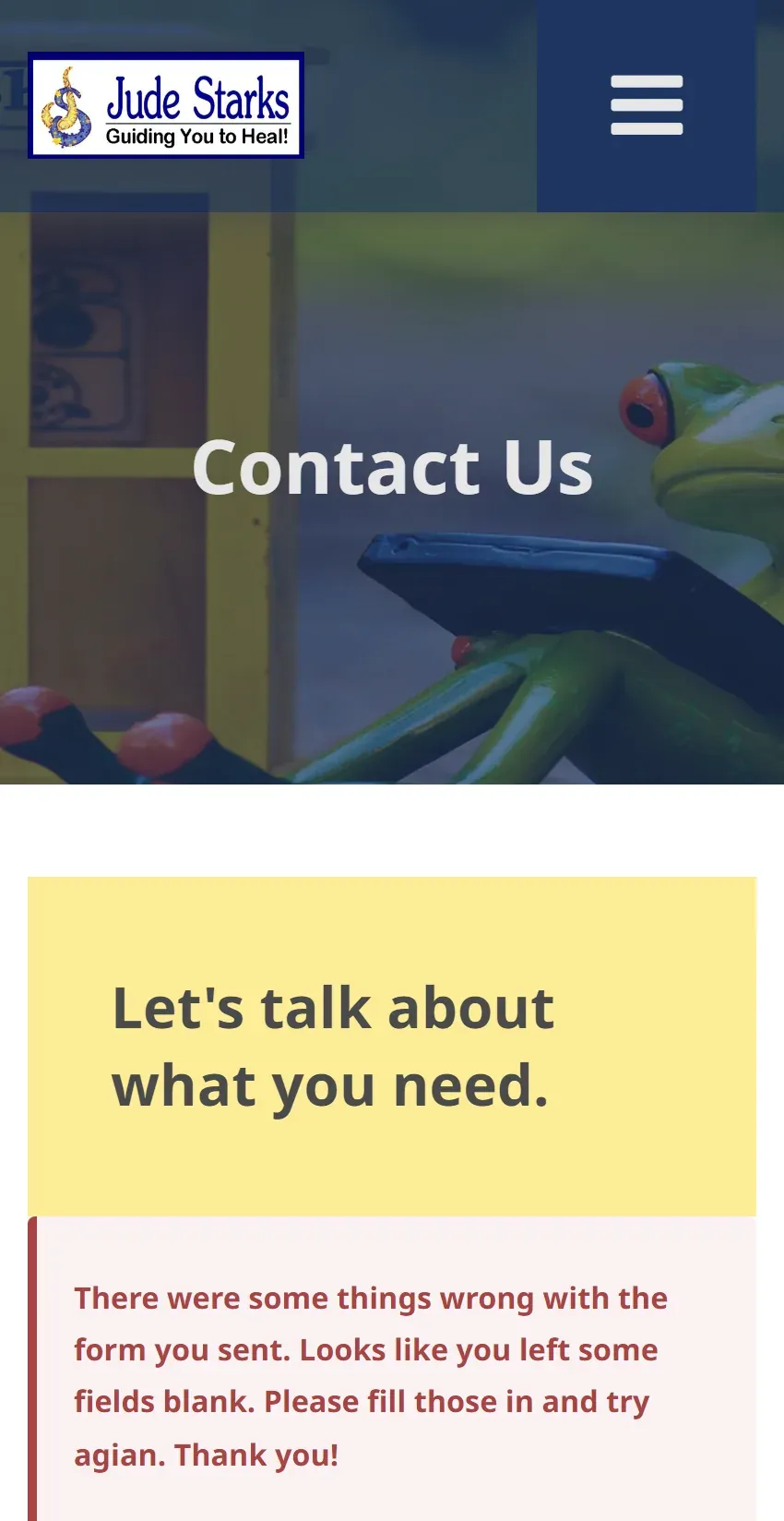 The Contact Us page on mobile: the Jude Starks "Guiding You to Heal!" logo, a hamburger menu, and a large Contact Us heading over a tree-frog photo