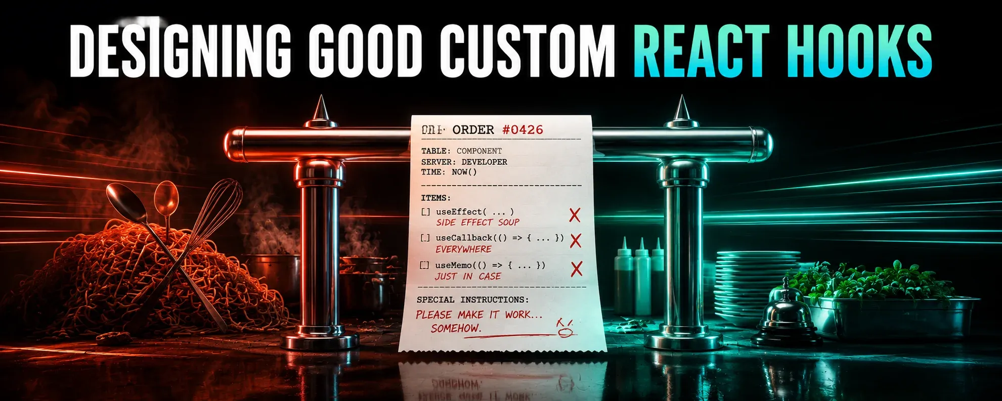 Glossy 3D restaurant order ticket on a chrome kitchen rail with red and cyan neon lighting and the words Designing Good Custom React Hooks.