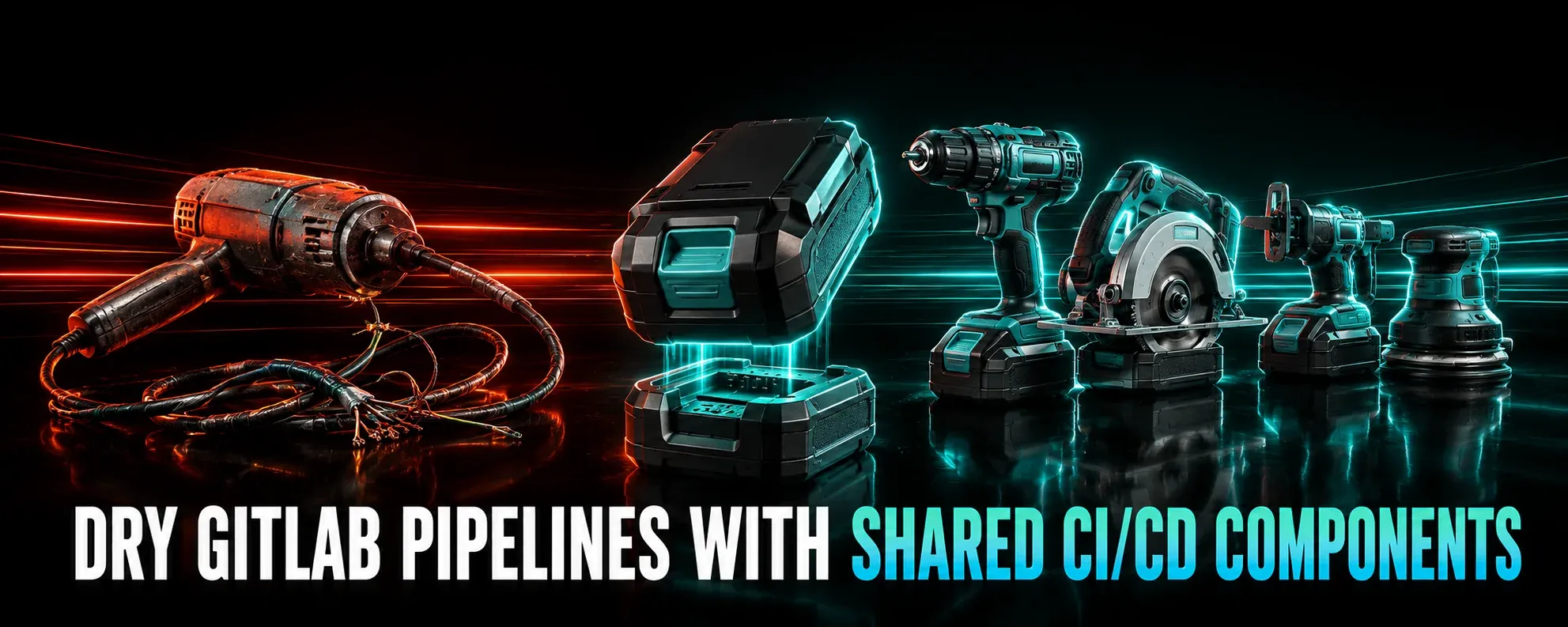 A glossy 3D power-tool battery pack docking into a row of different tools, with a frayed hand-wired tool glowing red on one side and the shared battery platform glowing cyan on the other, beneath the post title.