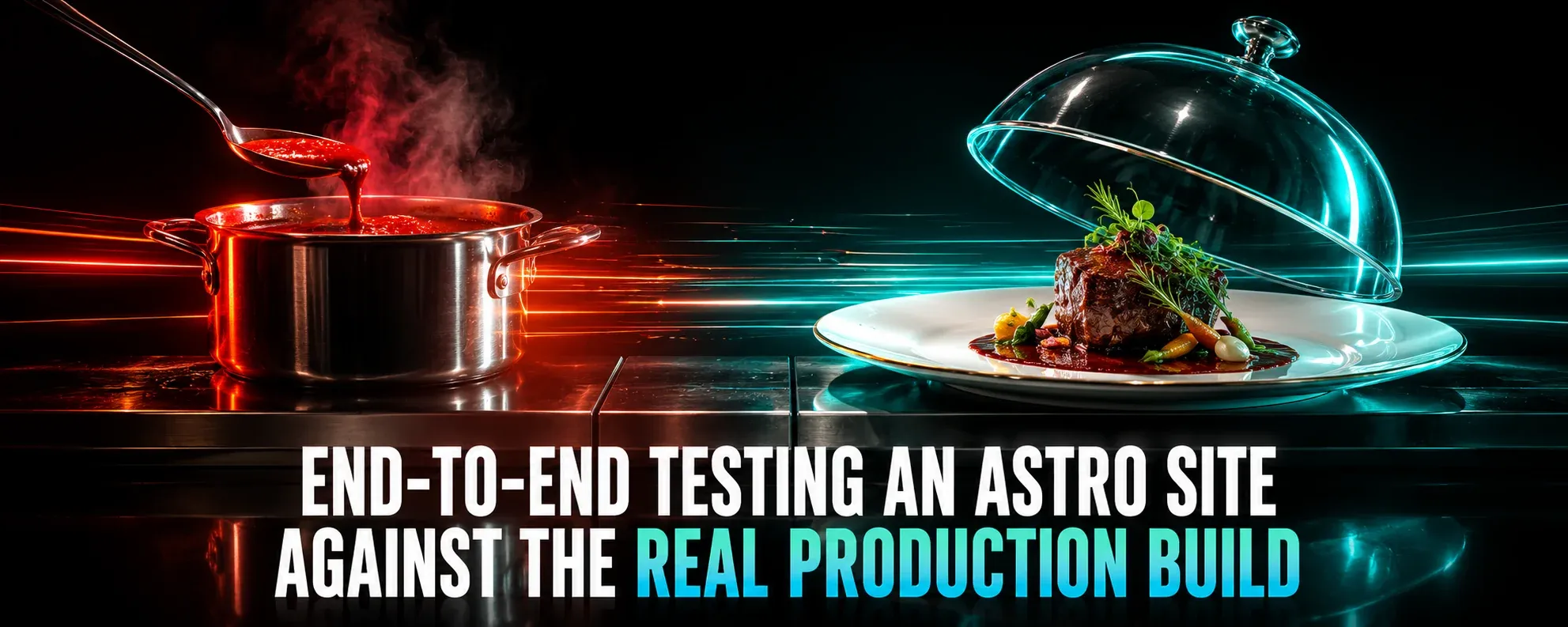 A glossy 3D kitchen scene where a steaming sauce pot under red neon light transforms via light streaks into a finished plated dish under cyan light, beside the post title text.