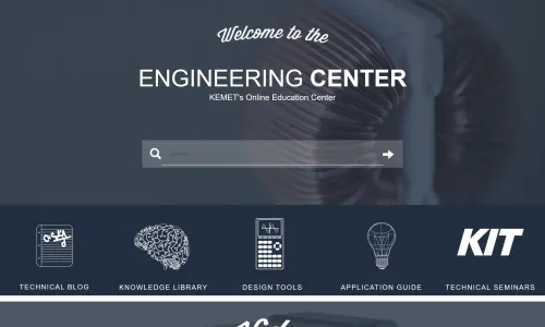The Engineering Center home page: "Welcome to the Engineering Center, KEMET's Online Education Center" over a toroidal inductor photo, a search field, and icons for Technical Blog, Knowledge Library, Design Tools, Application Guide and KIT seminars
