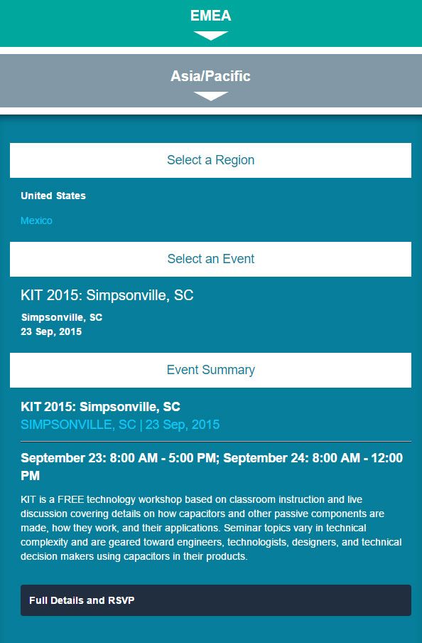 Screenshot of the KIT Page on Mobile where users can attend engineering events put on by KEMET
