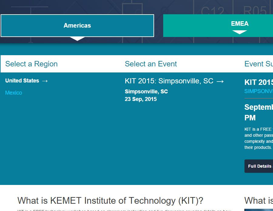 Screenshot of the KIT Page on Desktop where uwerws can attend engineering events put on by KEMET