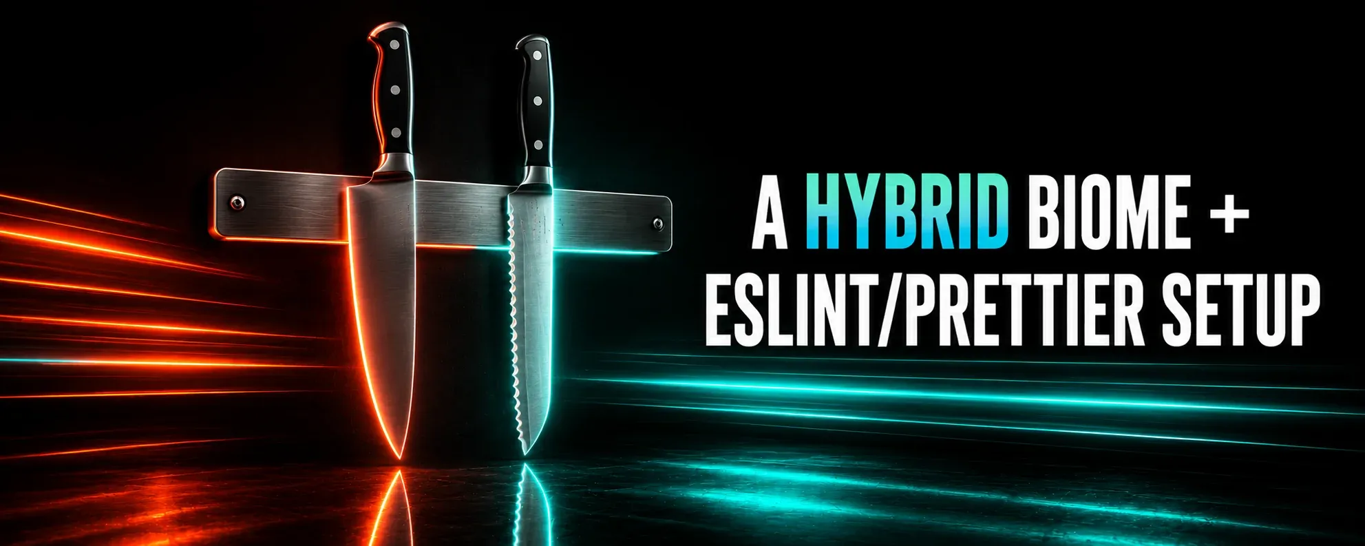 A glossy 3D-rendered knife block holding a chef's knife and a bread knife under red-orange and cyan neon rim lighting on a dark reflective floor, with the post title in bold condensed white capitals.