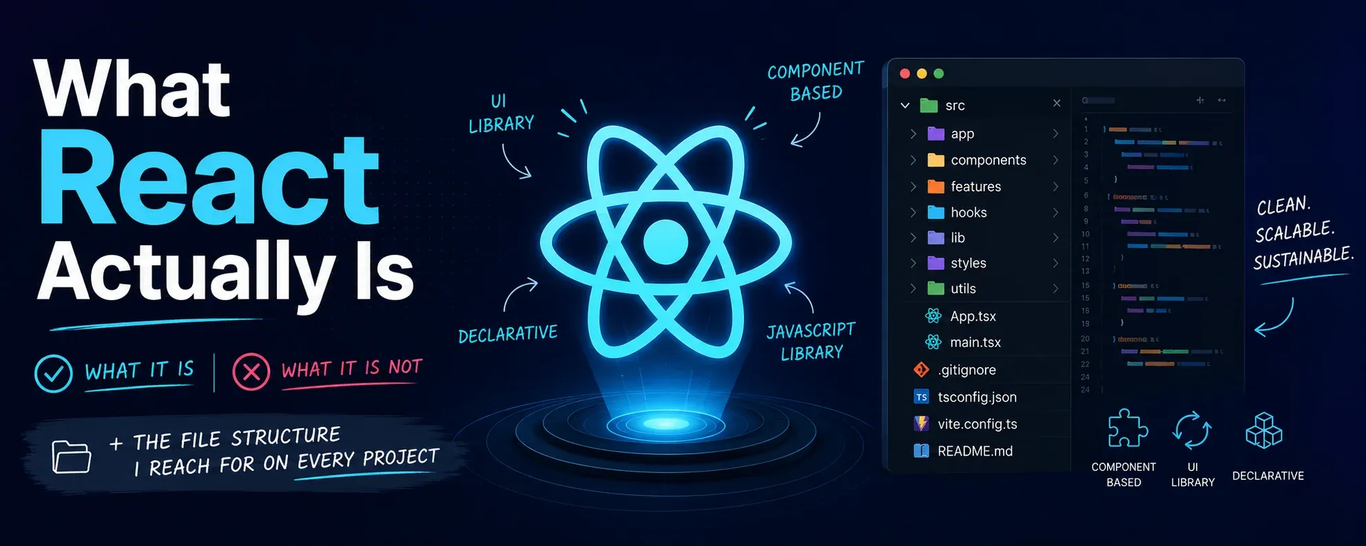 Image with words what react actually is and what it is not.