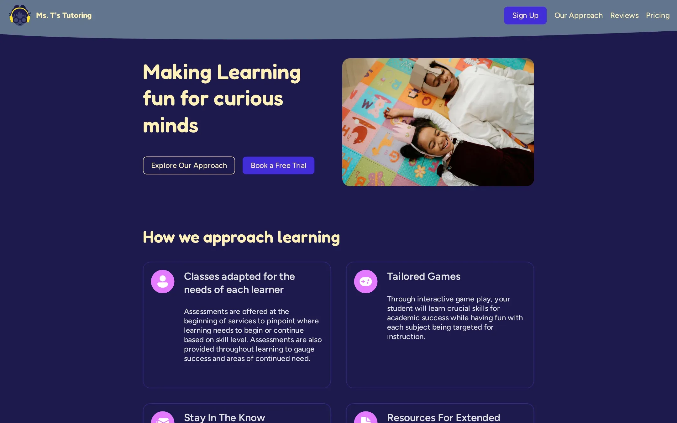 Ms. T's Tutoring home page in dark mode