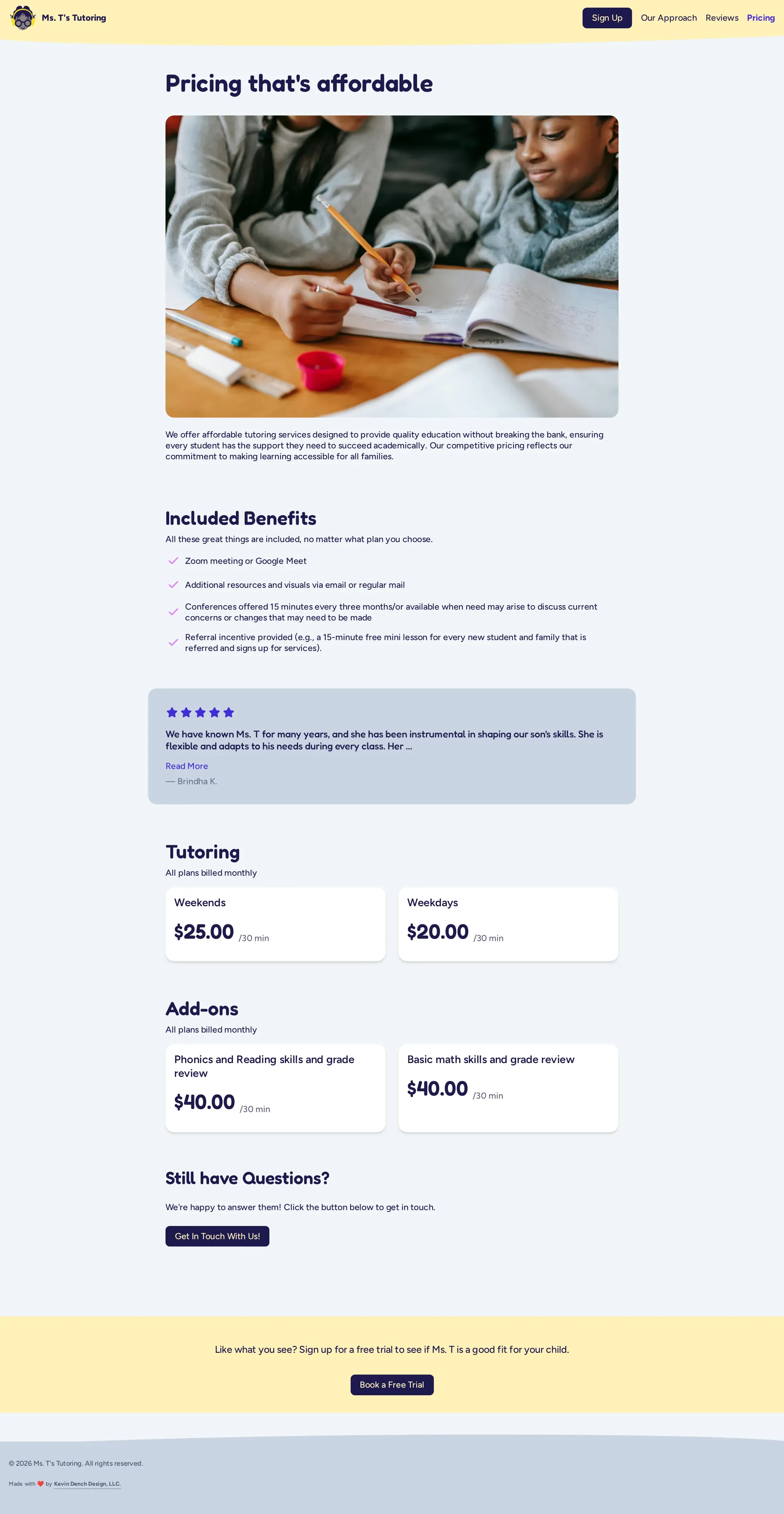 Ms. T's Tutoring pricing page