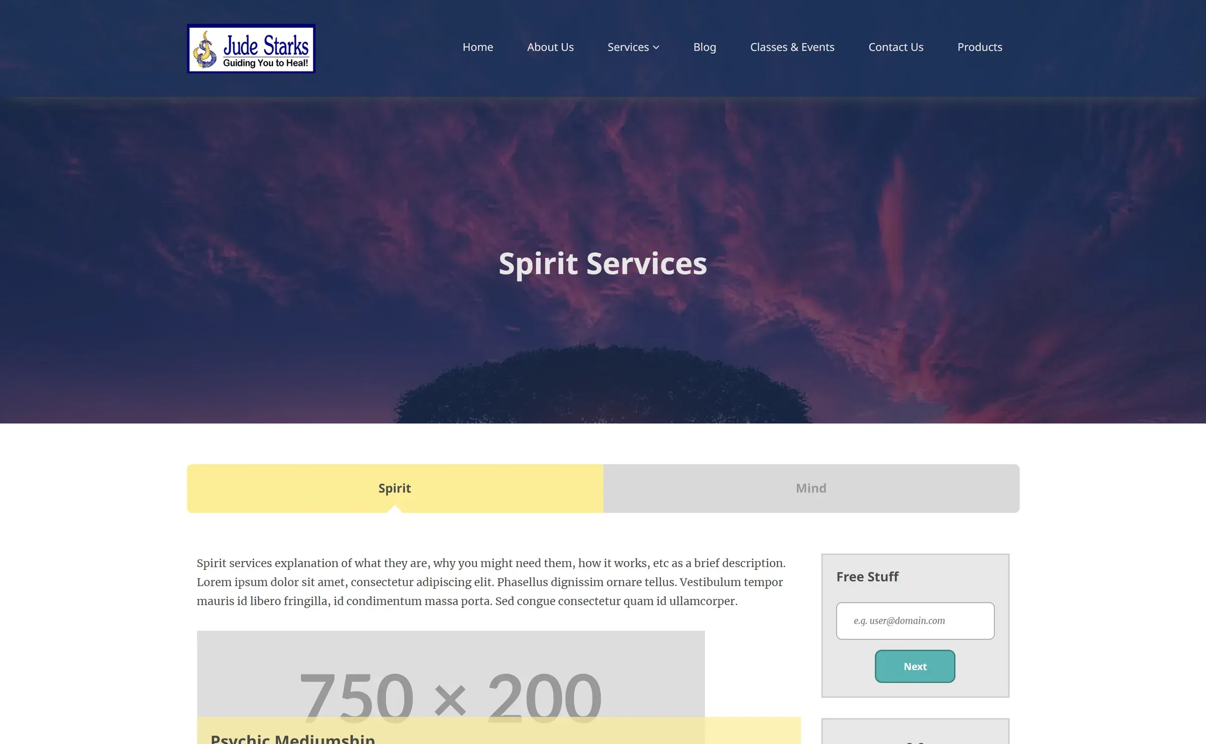 The Spirit Services page: a purple sky hero, Spirit and Mind tabs, and a description column beside the Free Stuff sidebar