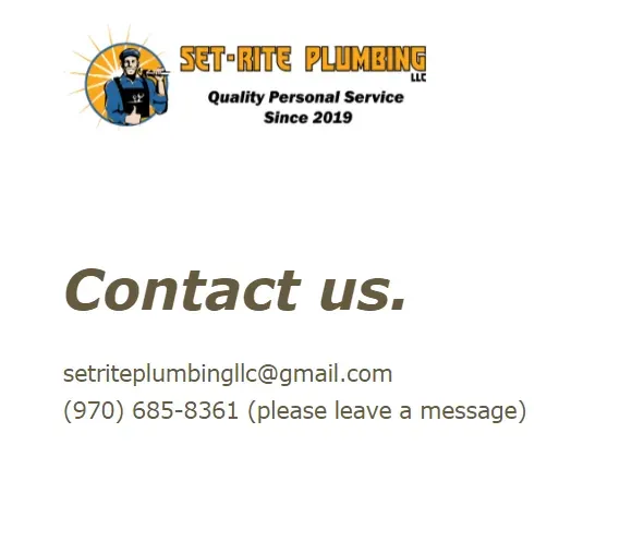 The Contact us page: the Set-Rite logo, "Contact us." in brown italics, and the email address and phone number