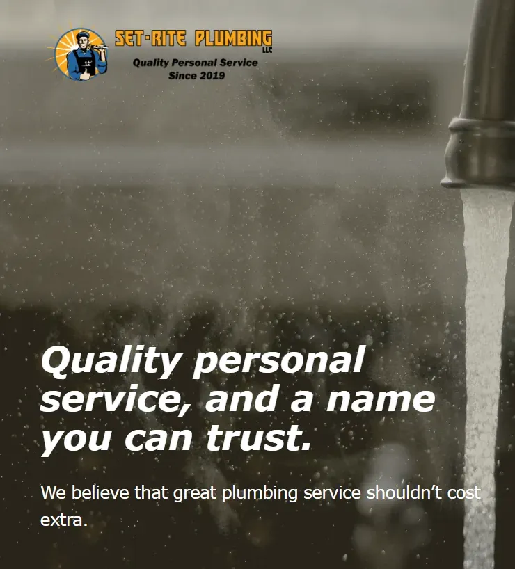 The home page hero on a tall viewport: the Set-Rite logo over the running-faucet photo and tagline
