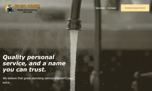 The Set-Rite Plumbing home page: the logo and a Schedule Appointment button over a photo of water running from a faucet, with the tagline "Quality personal service, and a name you can trust."