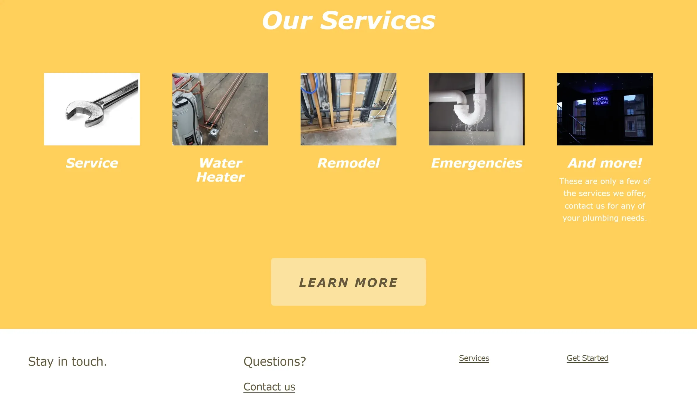 The Our Services section on a yellow background: photo tiles for Service, Water Heater, Remodel, Emergencies and "And more!", with a Learn More button