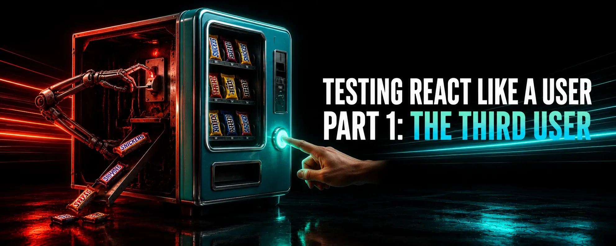 A glossy 3D vending machine with a hand pressing its front button under green-cyan light while a robotic arm reaches through the open back panel to pull the lever directly under red light, beside the title Testing React Like a User, Part 1: The Third User.