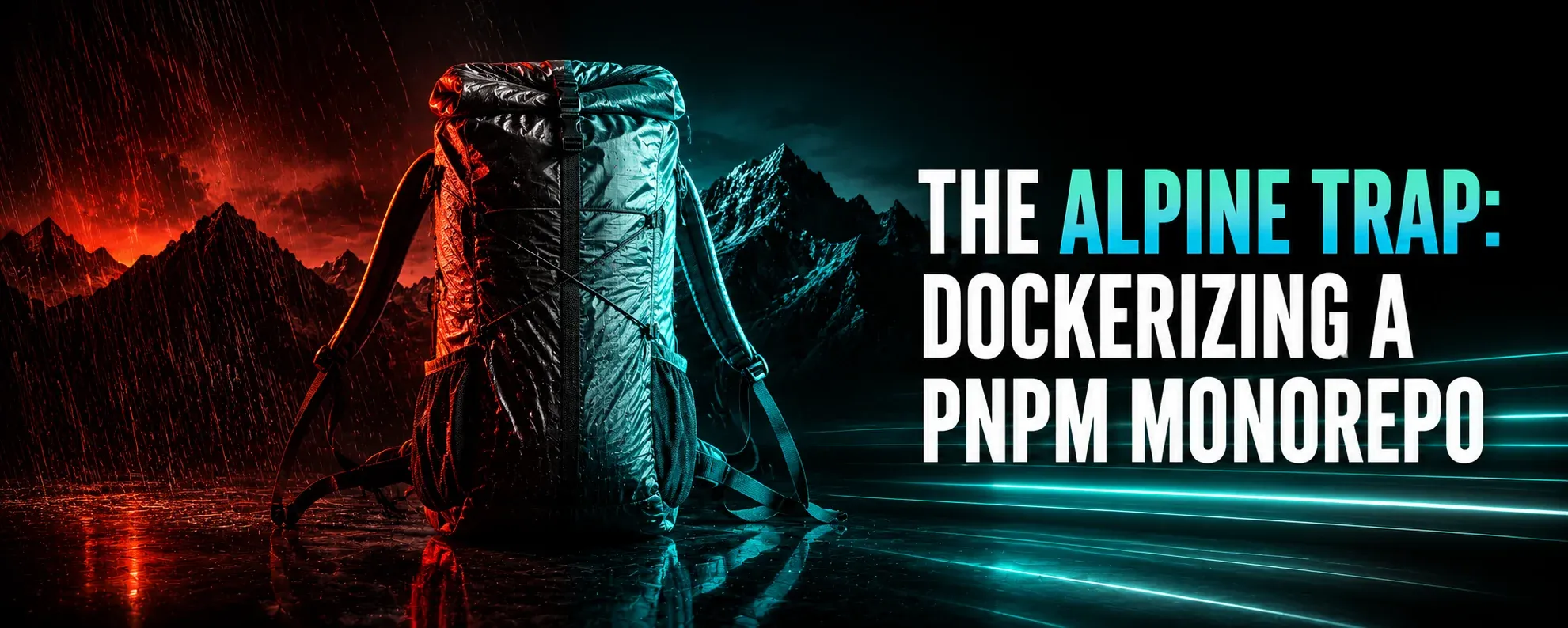 A glossy ultralight backpack in front of a dark mountain ridge, rain and red light on one side and calm cyan light on the other, illustrating how the smallest Docker base image trades saved weight for risk.
